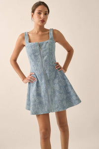 Blue Beauty Floral Jacquard Denim Mini Dress - ShopPromesa