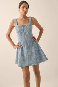Blue Beauty Floral Jacquard Denim Mini Dress - ShopPromesa