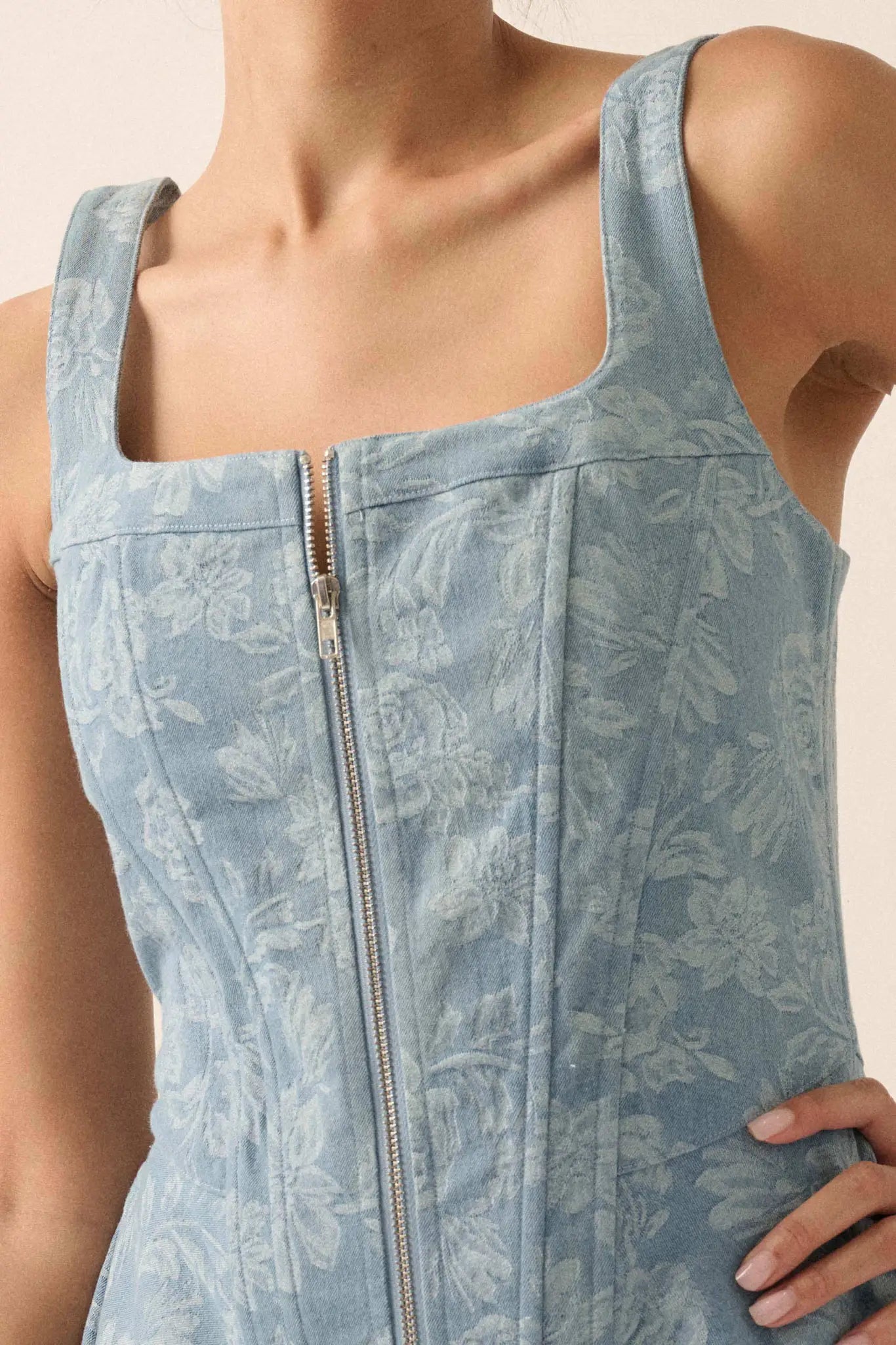 Blue Beauty Floral Jacquard Denim Mini Dress - ShopPromesa