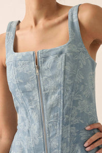 Blue Beauty Floral Jacquard Denim Mini Dress - ShopPromesa