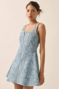 Blue Beauty Floral Jacquard Denim Mini Dress - ShopPromesa