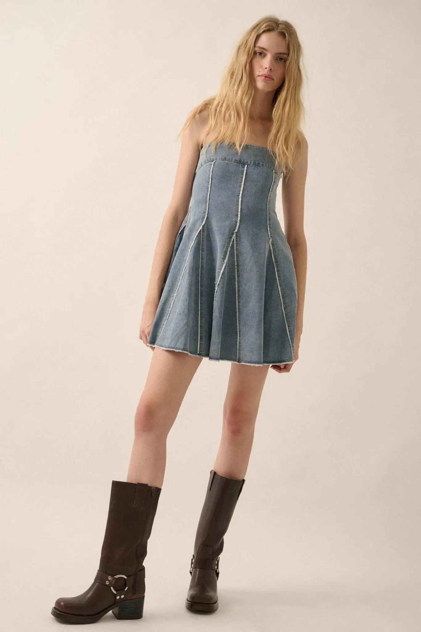 Indigo Skies Denim Strapless Godet Mini Dress - ShopPromesa