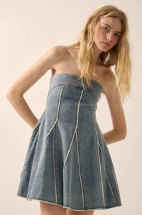 Indigo Skies Denim Strapless Godet Mini Dress - ShopPromesa