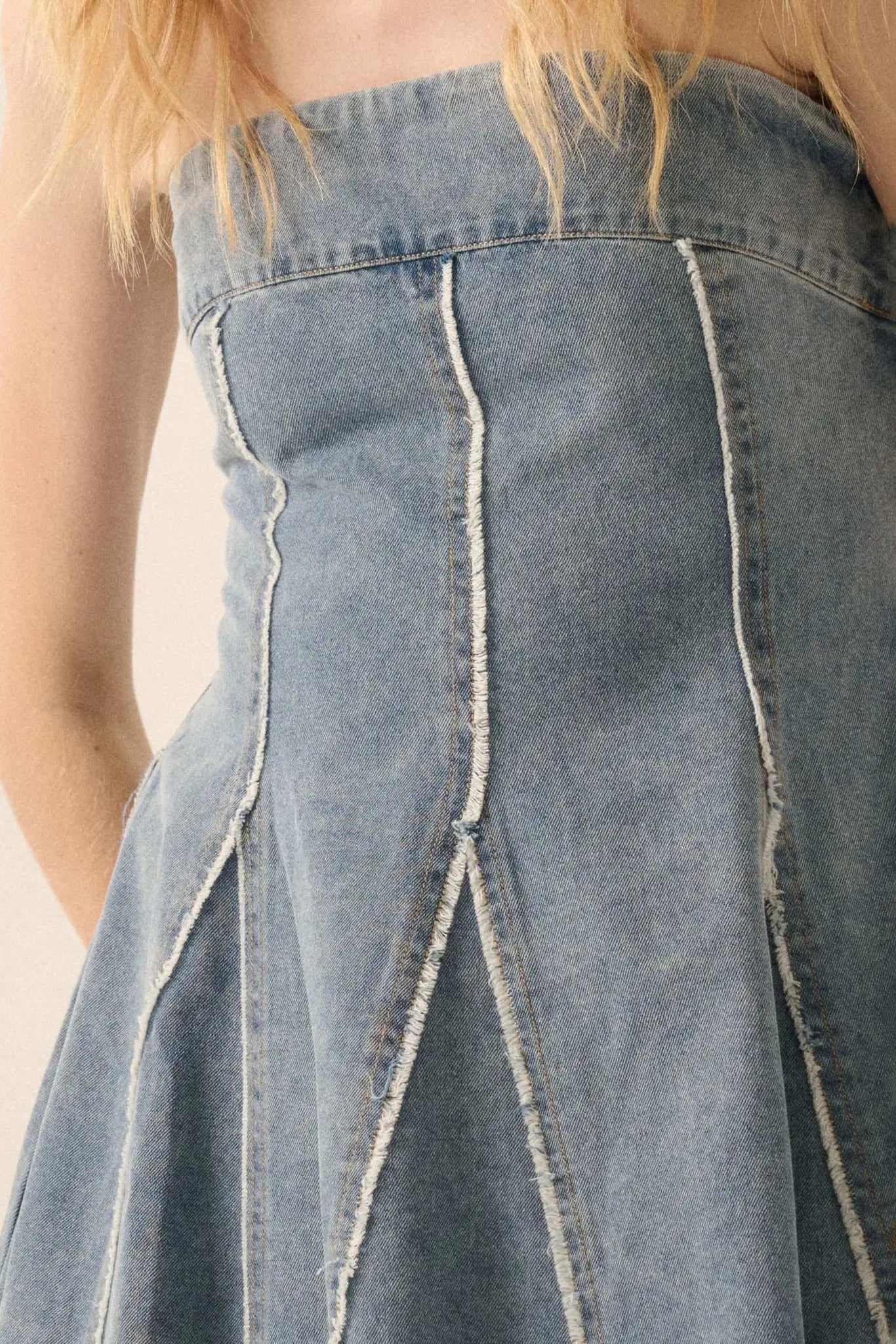 Indigo Skies Denim Strapless Godet Mini Dress - ShopPromesa