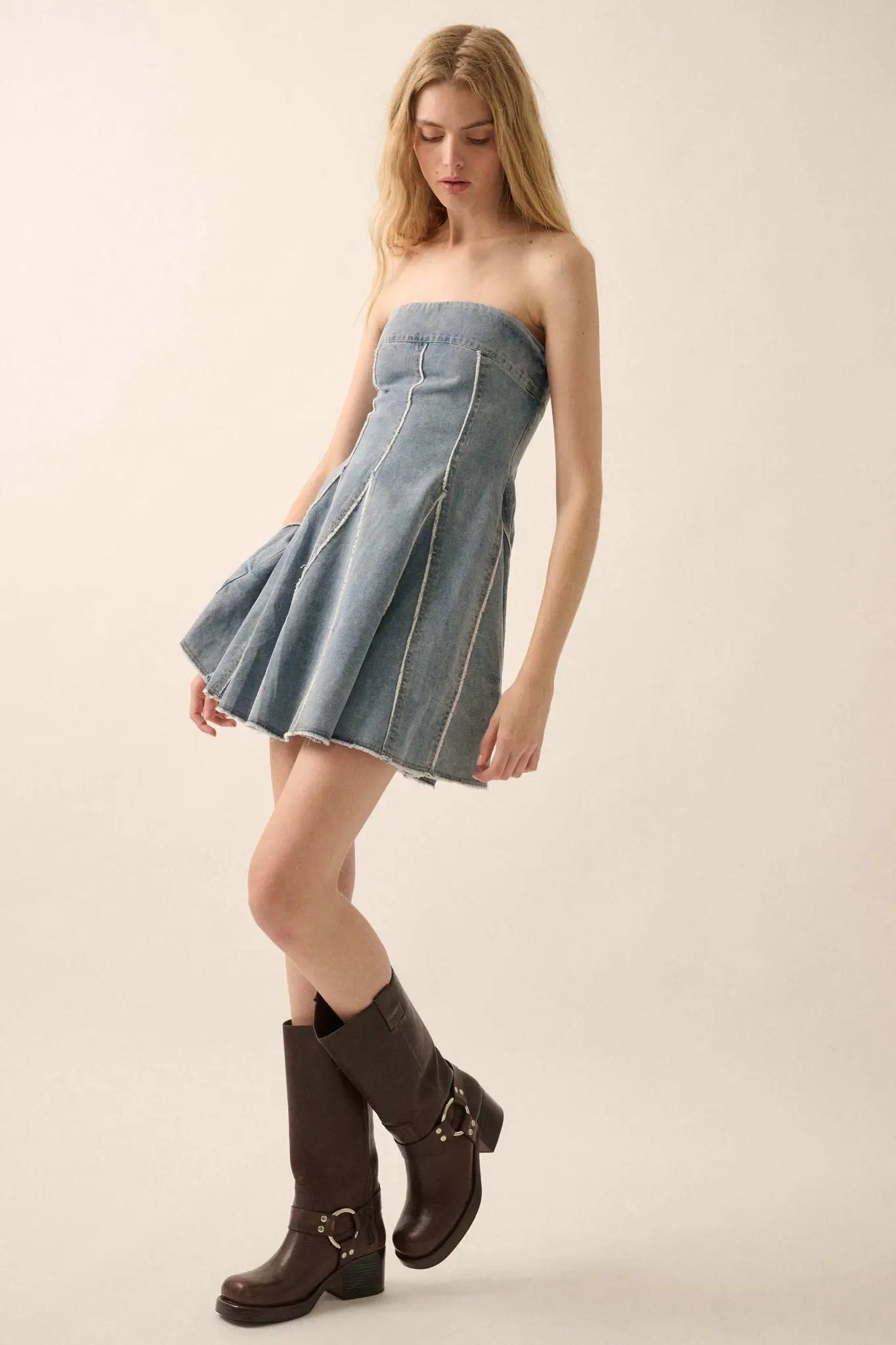 Indigo Skies Denim Strapless Godet Mini Dress - ShopPromesa