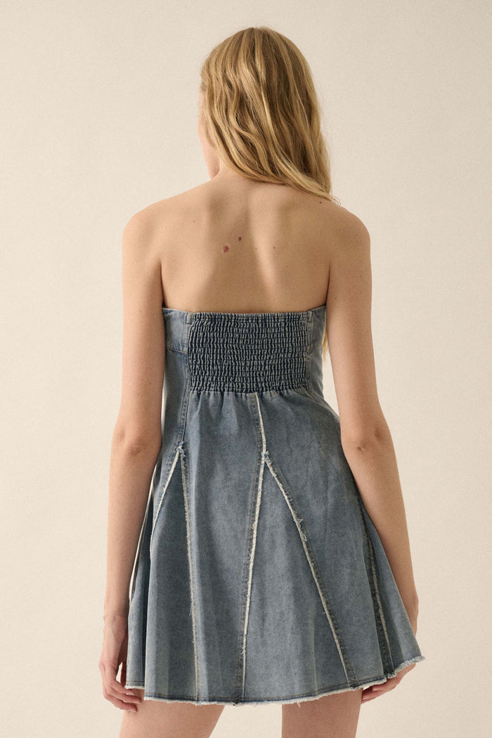 Indigo Skies Denim Strapless Godet Mini Dress - ShopPromesa