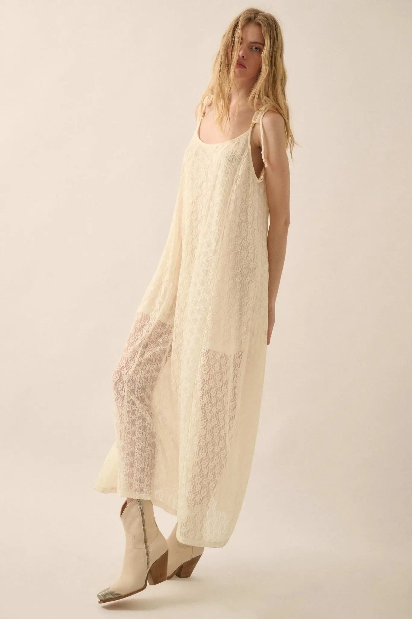 Heaven Knows Paneled Lace Maxi Slip Dress, Cream / M