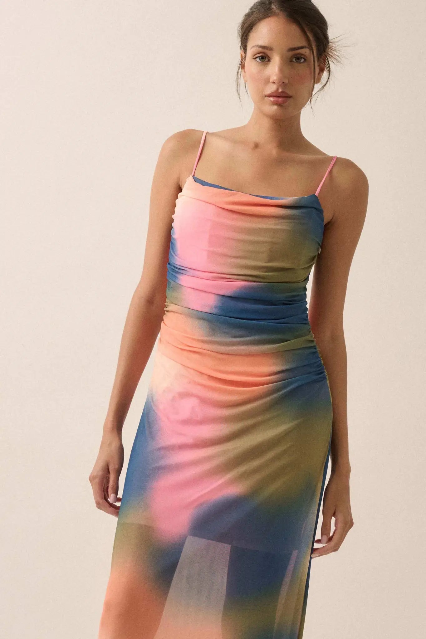 True Colors Tie-Dye Mesh Ruched Corset Maxi Dress Pink & Blue & Green / S True Colors Tie-Dye Mesh Ruched Corset Maxi Dress Pink & Blue & Green / S