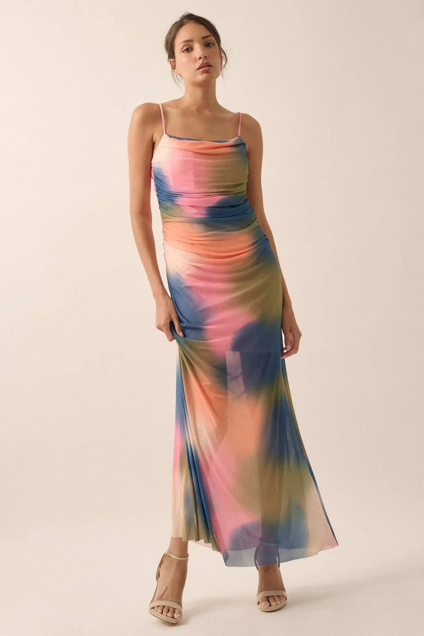 mesh tie dye dress True Colors Tie-Dye Mesh Ruched Corset Maxi Dress Pink & Blue & Green / S