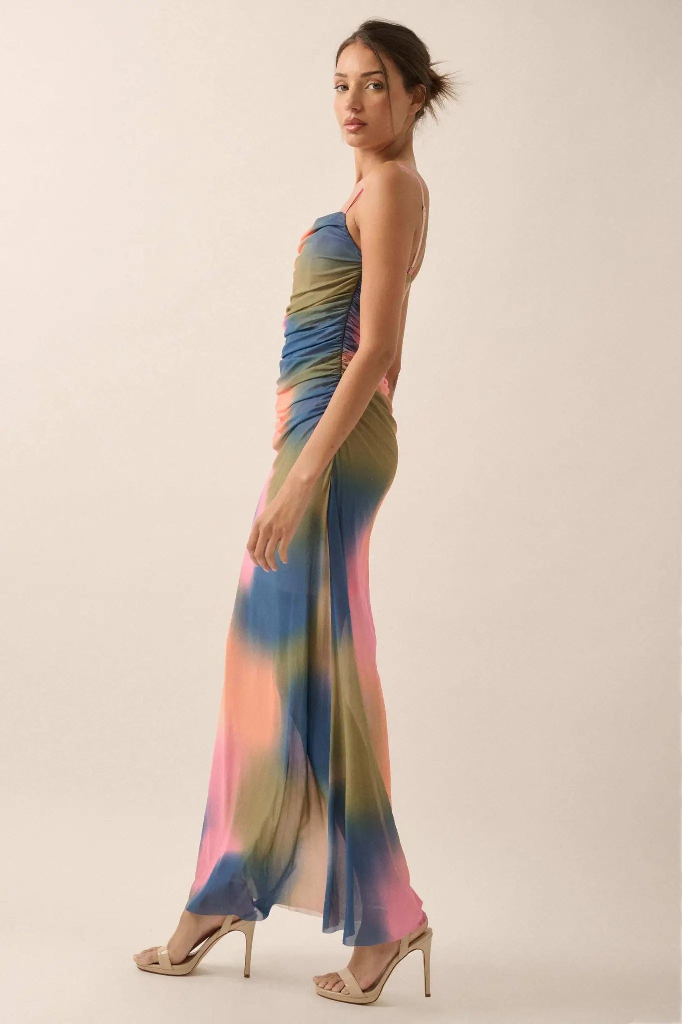 True Colors Tie-Dye Mesh Ruched Corset Maxi Dress Pink & Blue & Green / S True Colors Tie-Dye Mesh Ruched Corset Maxi Dress Pink & Blue & Green / S