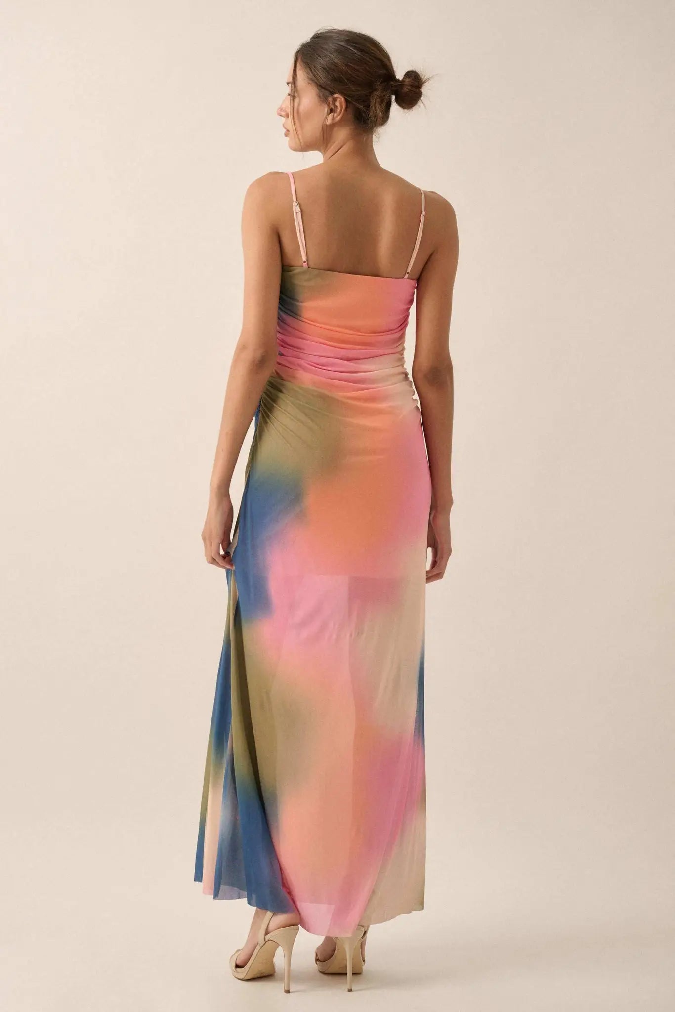 True Colors Tie-Dye Mesh Ruched Corset Maxi Dress Pink & Blue & Green / S True Colors Tie-Dye Mesh Ruched Corset Maxi Dress Pink & Blue & Green / S