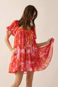 Exotic Blooms Floral Chiffon Babydoll Mini Dress - ShopPromesa