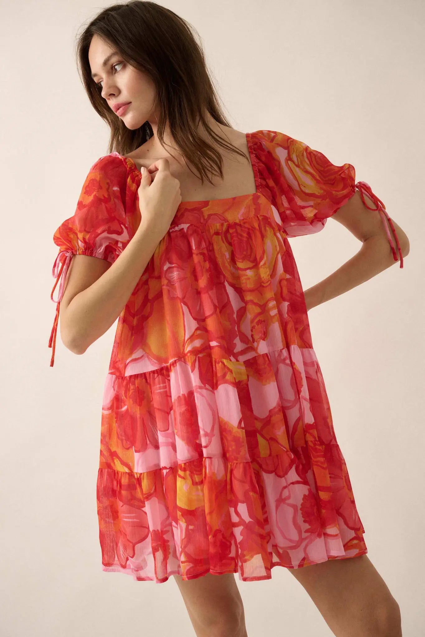 Exotic Blooms Floral Chiffon Babydoll Mini Dress