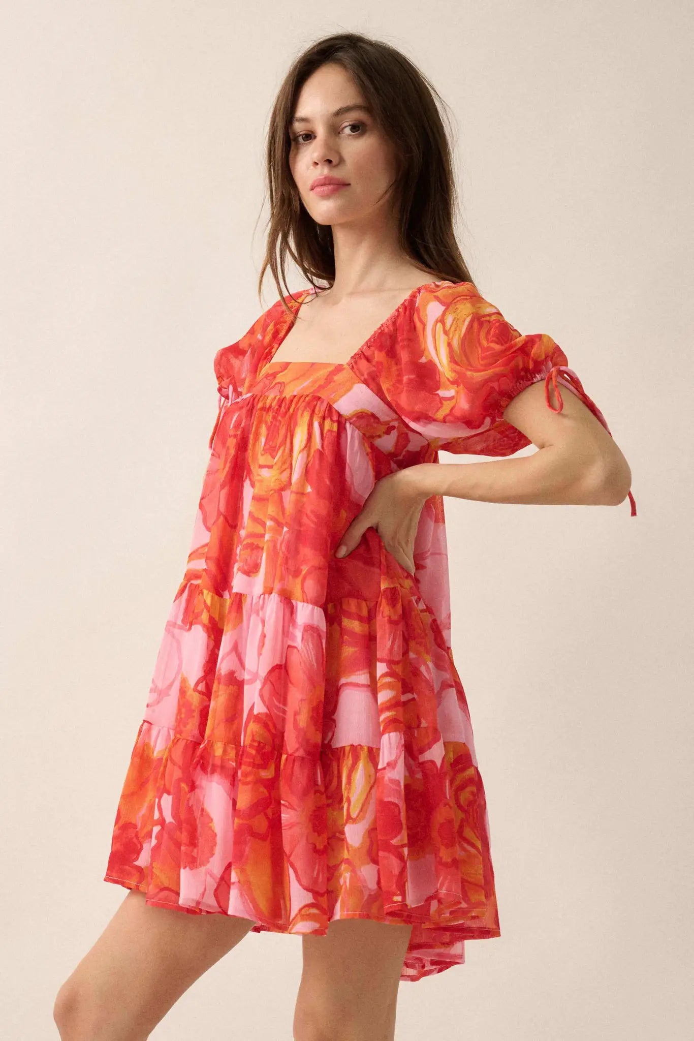 Exotic Blooms Floral Chiffon Babydoll Mini Dress