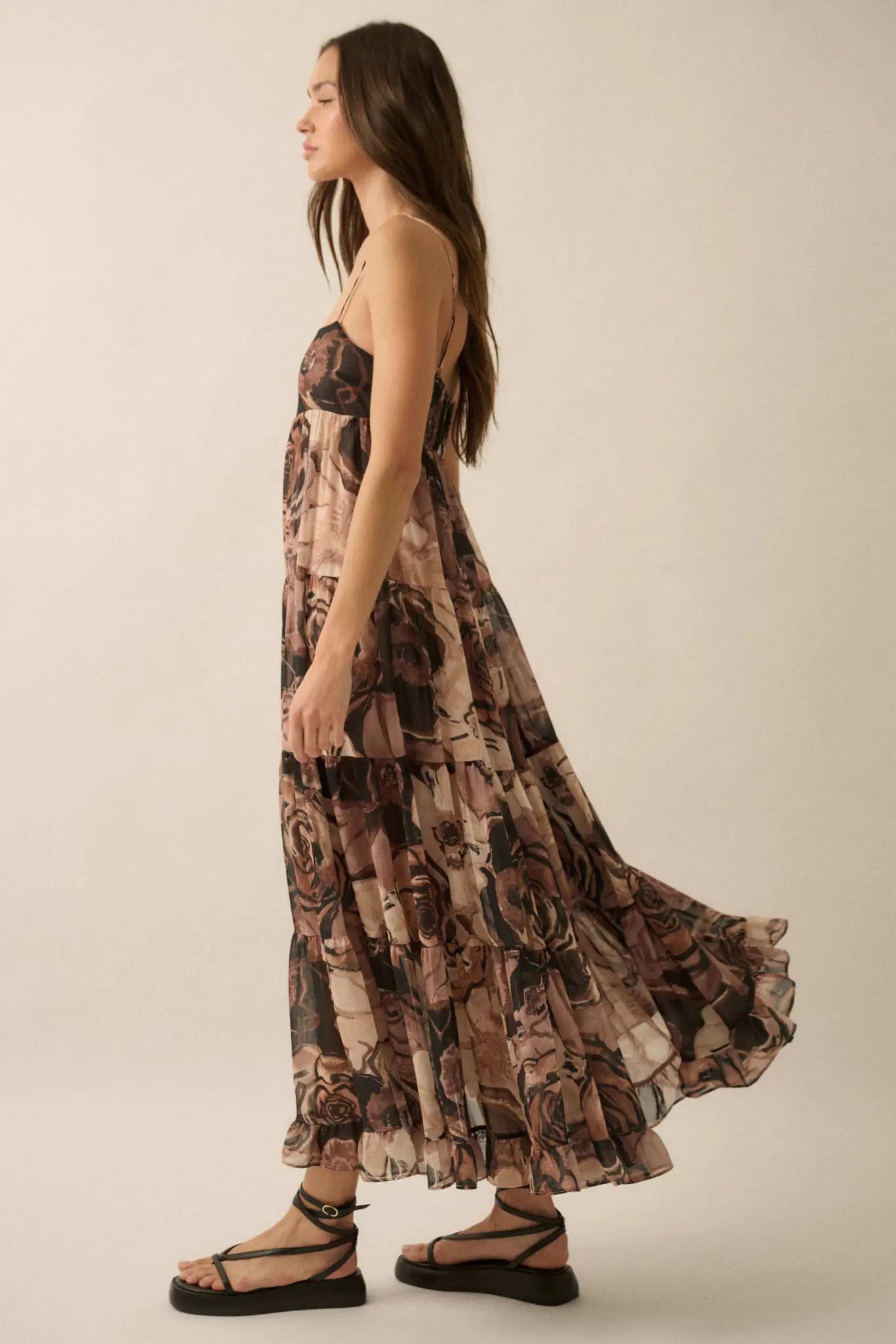 chiffon tiered maxi dress Watercolour Leaves Chiffon Tiered Maxi Dress