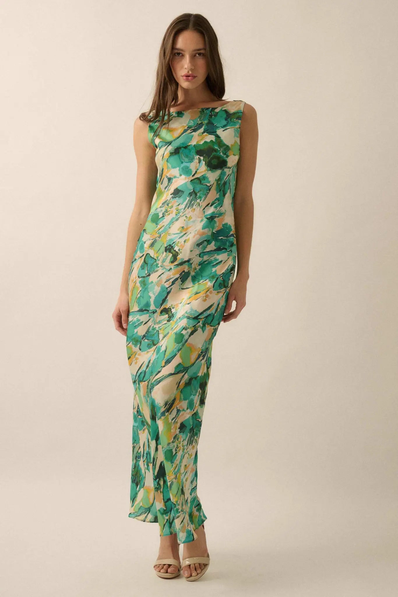 In Dreams Abstract-Print Satin Cowl-Back Maxi Dress - ShopPromesa