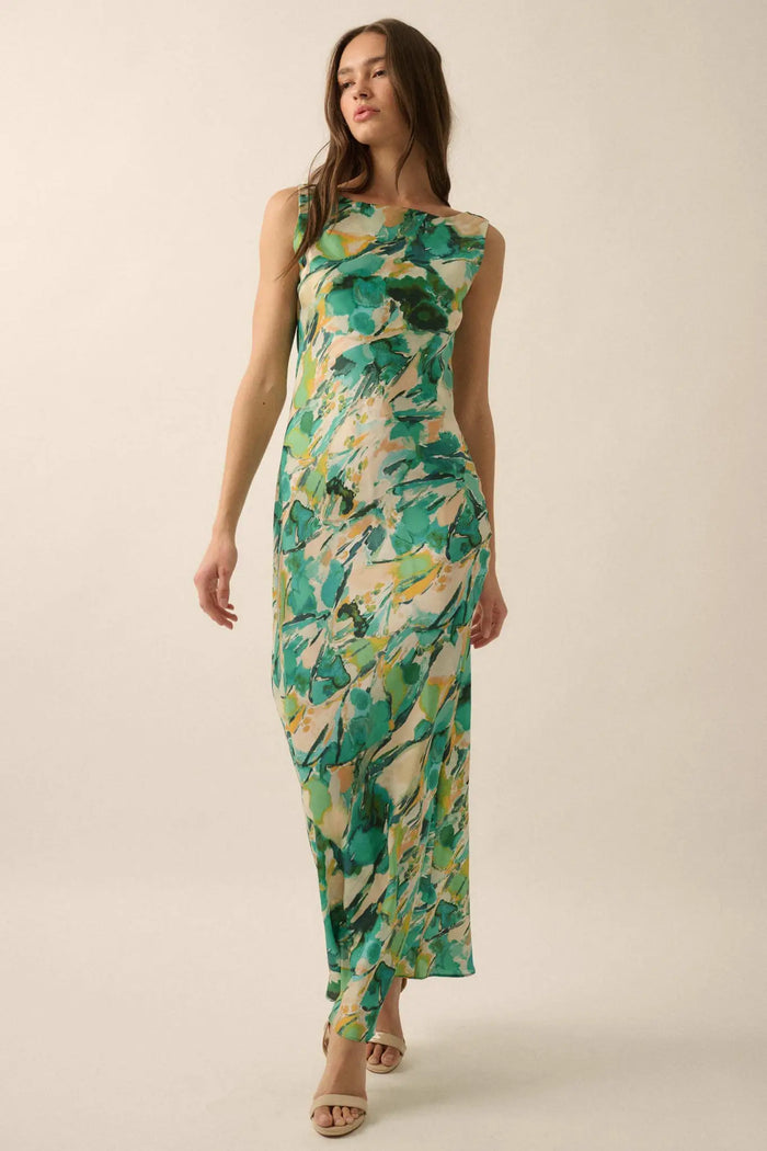 In Dreams Abstract-Print Satin Cowl-Back Maxi Dress - ShopPromesa