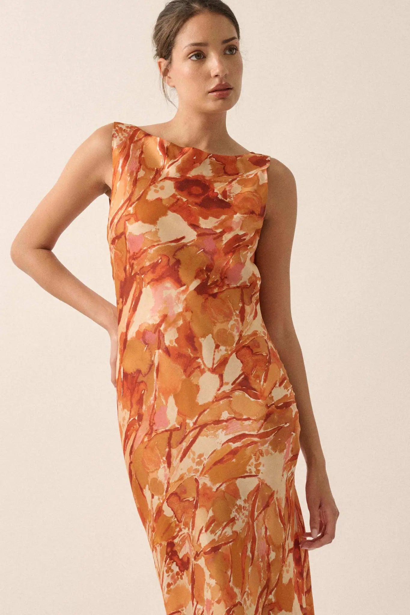 orange abstract print plisse cowl plunge maxi dress Abstract Print Plisse Cowl Plunge Maxi Dress