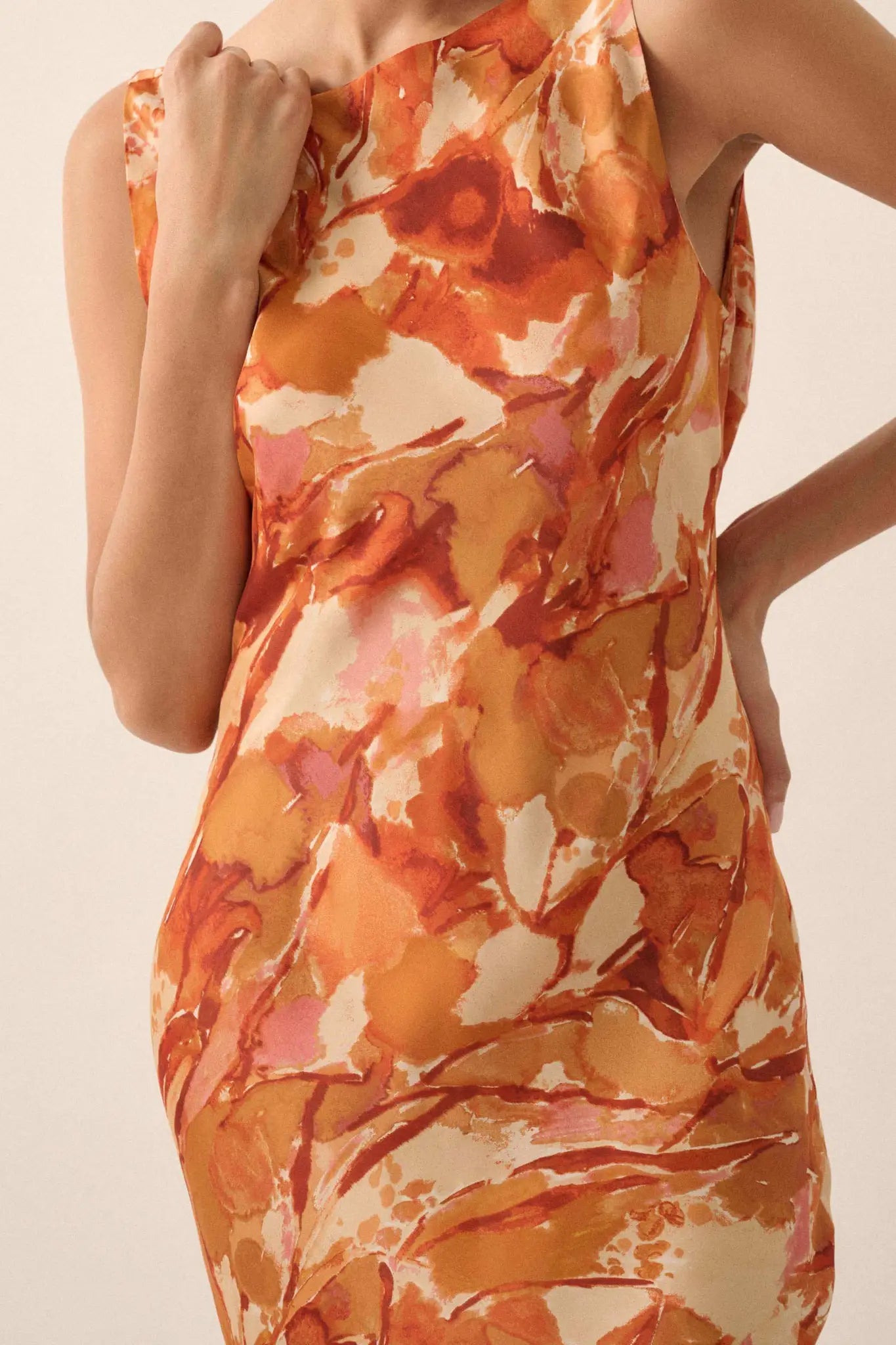 orange abstract print plisse cowl plunge maxi dress In Dreams Abstract-Print Satin Cowl-Back Maxi Dress Sunset Orange / L