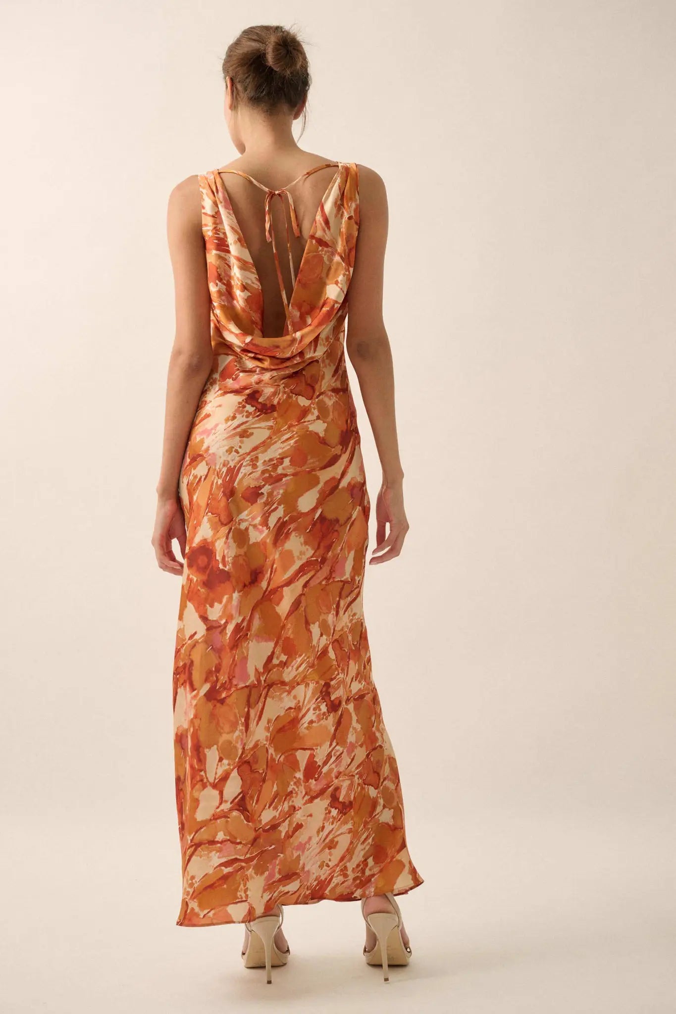 In Dreams Abstract-Print Satin Cowl-Back Maxi Dress Sunset Orange / L In Dreams Abstract-Print Satin Cowl-Back Maxi Dress Sunset Orange / L