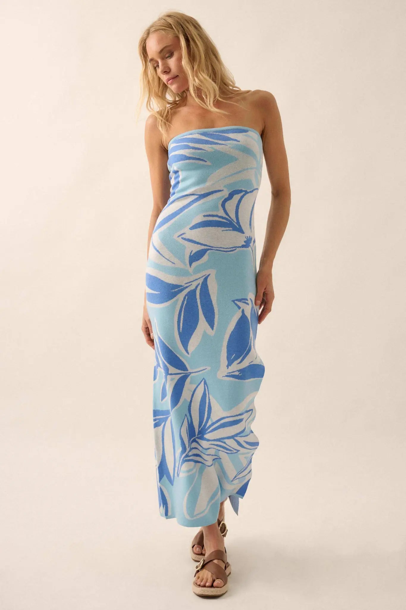 Tropical Chill Floral Strapless Maxi Sweater Dress - ShopPromesa
