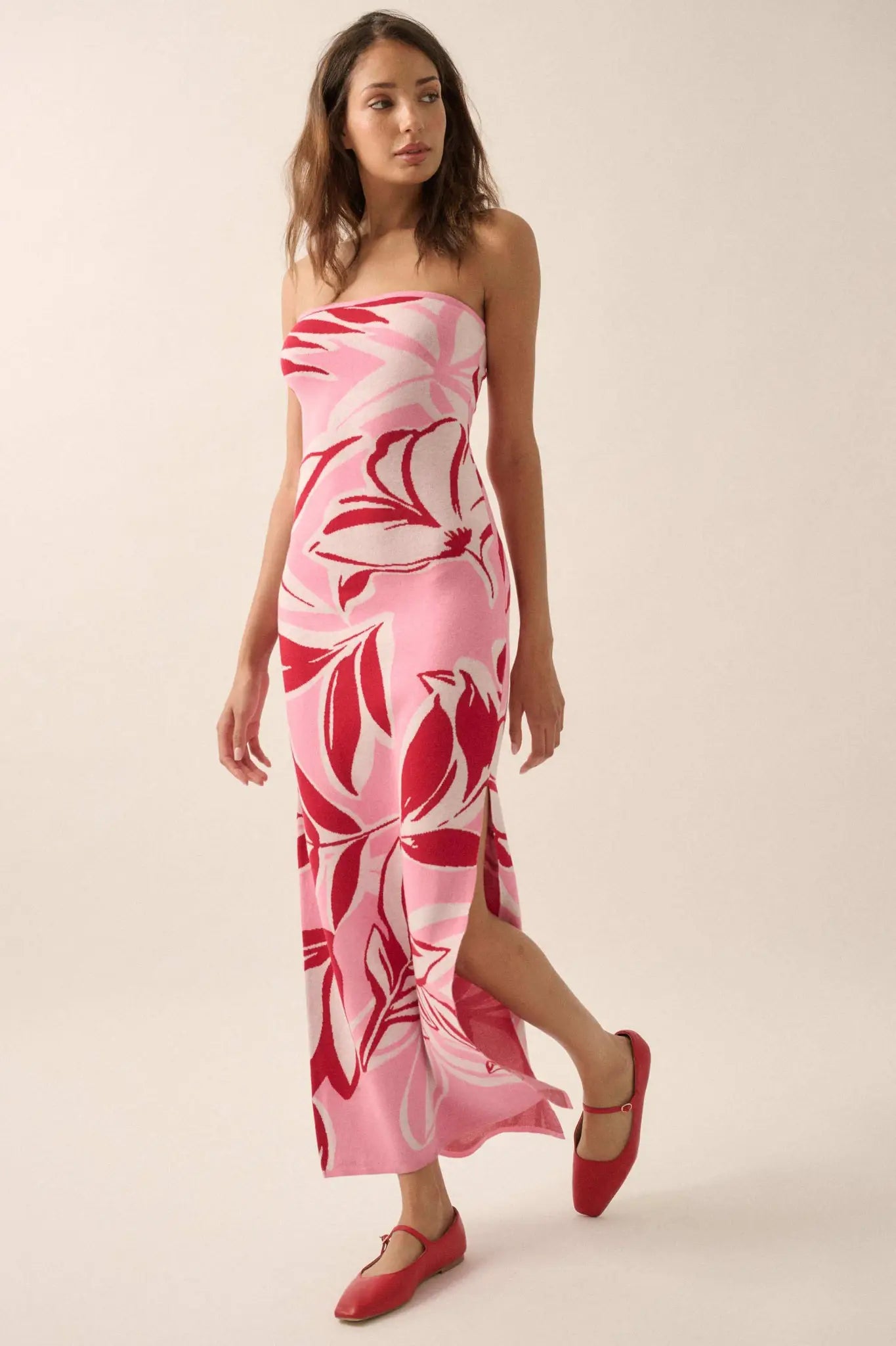 Tropical Chill Floral Strapless Maxi Sweater Dress, Pink Combo / L Tropical Chill Floral Strapless Maxi Sweater Dress, Pink Combo / L
