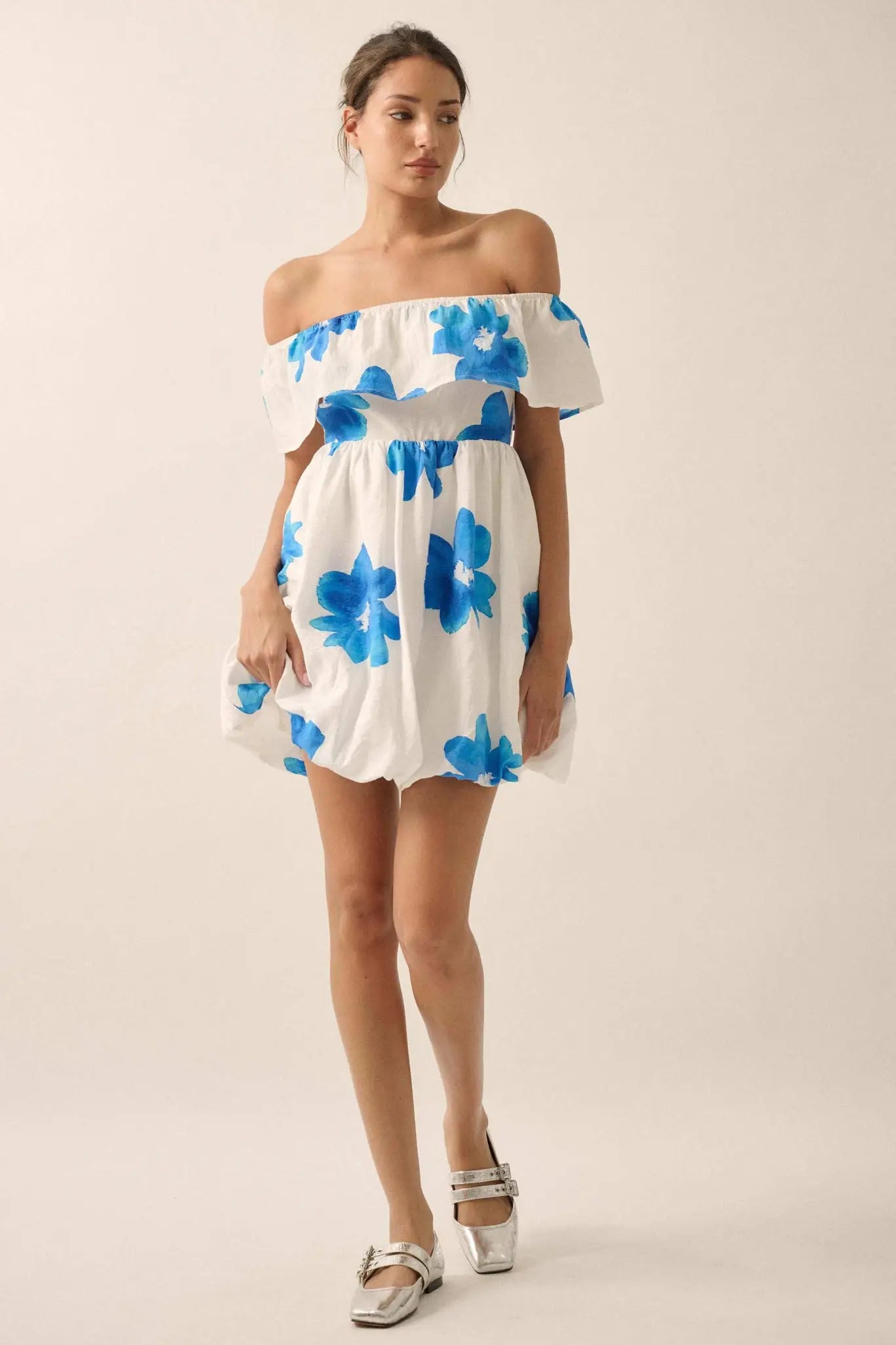 Bold Beauty Floral Off-Shoulder Flounce Mini Dress, Blue / S Bold Beauty Floral Off-Shoulder Flounce Mini Dress, Blue / S