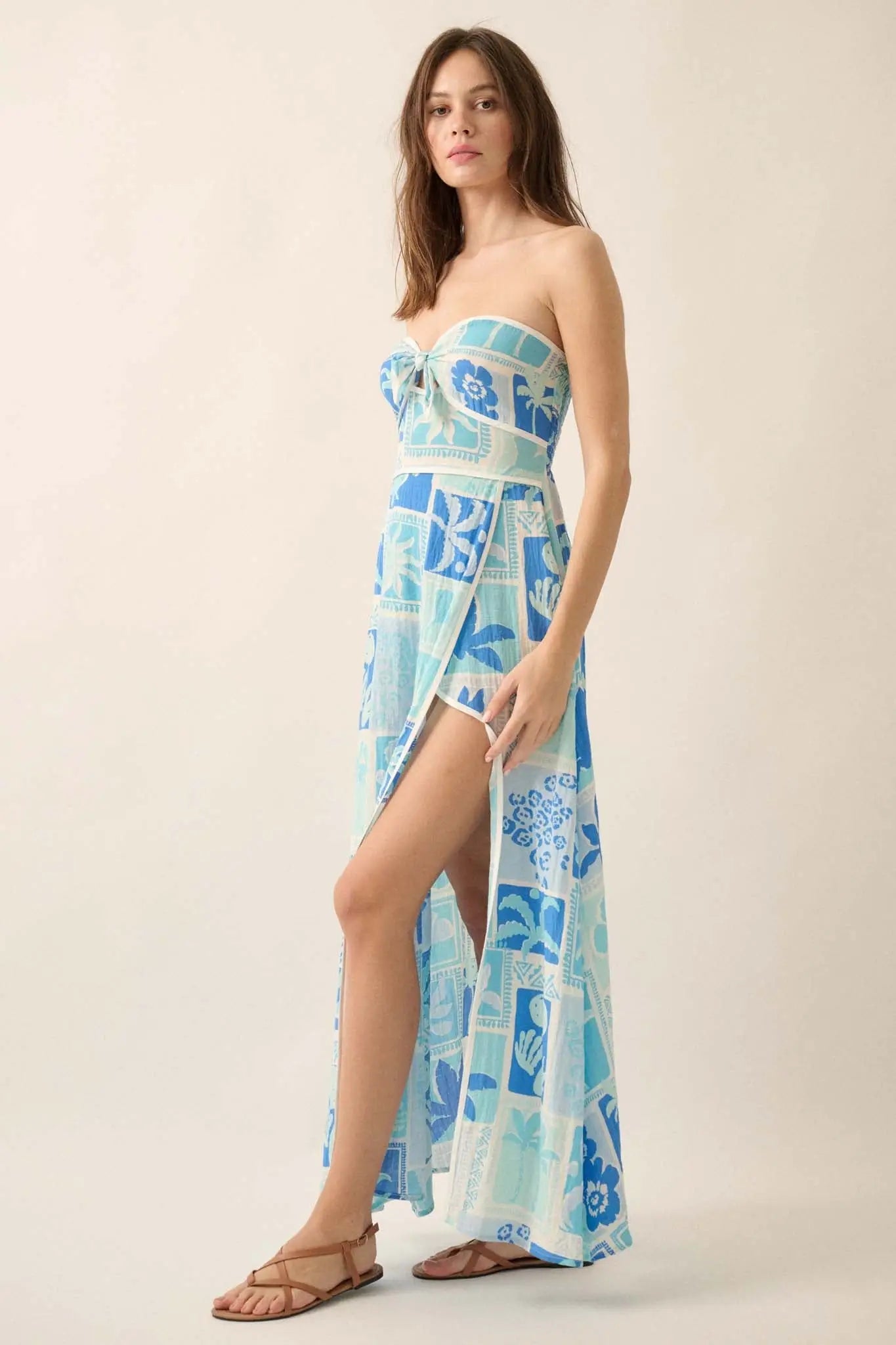 Sweet Escape Tropical Floral Strapless Maxi Dress Aqua Blue / L Sweet Escape Tropical Floral Strapless Maxi Dress Aqua Blue / L