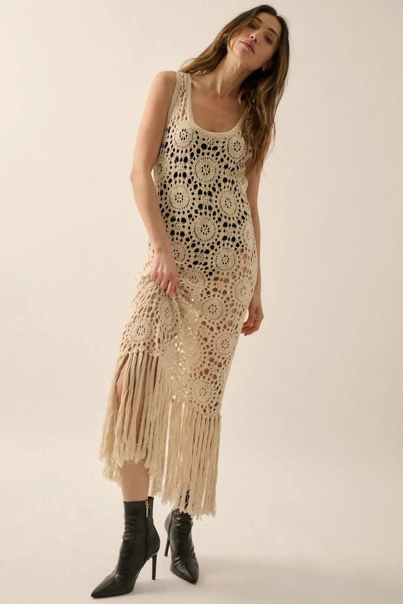 Rare Vintage Crochet Knit Fringe Maxi Dress, Natural / L Rare Vintage Crochet Knit Fringe Maxi Dress, Natural / L
