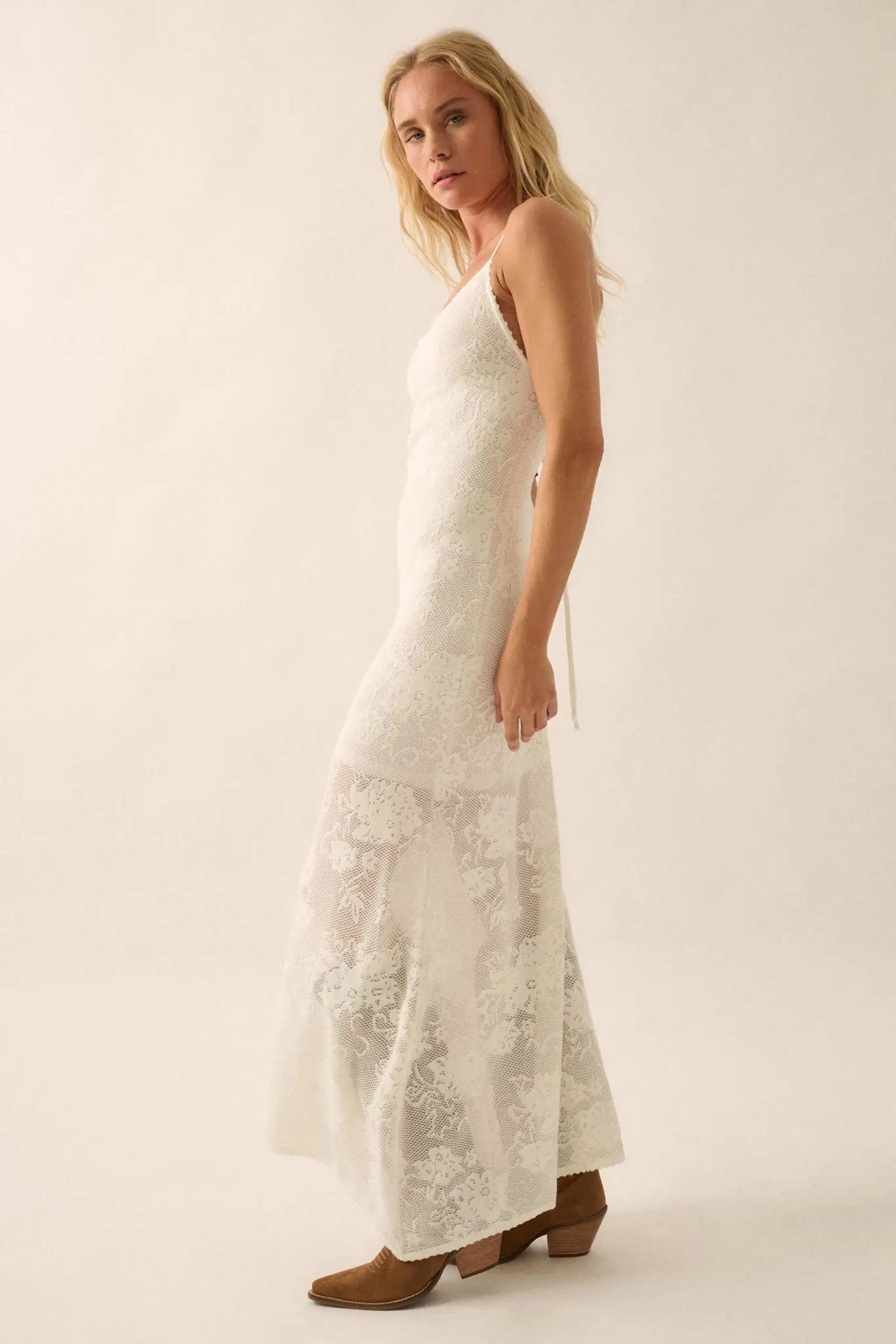 Passionate Petals Floral Lace Halter Maxi Dress Sand / M Passionate Petals Floral Lace Halter Maxi Dress Sand / M