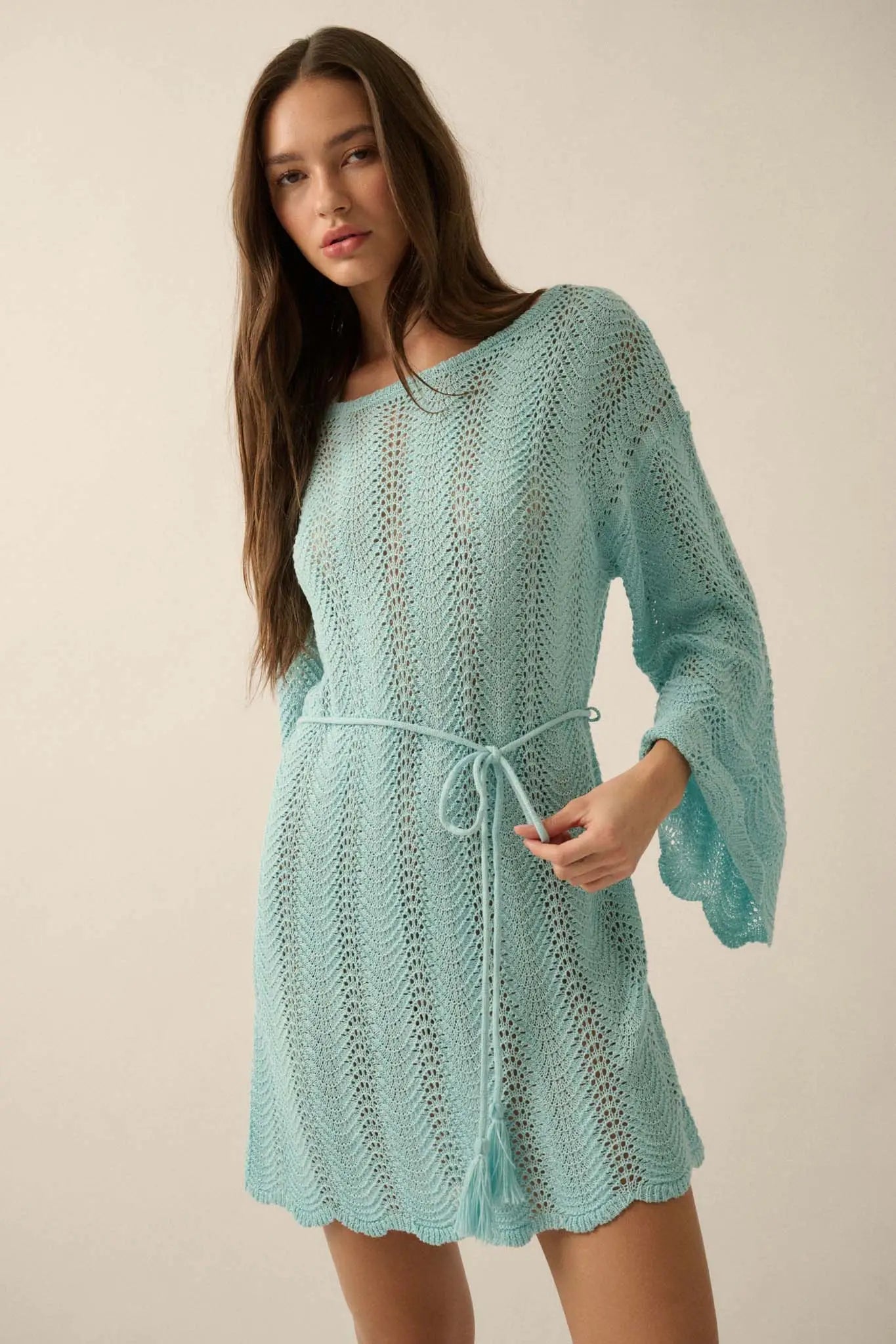 Feeling Fine Crochet Knit Bell-Sleeve Mini Dress Natural / M Feeling Fine Crochet Knit Bell-Sleeve Mini Dress Natural / M