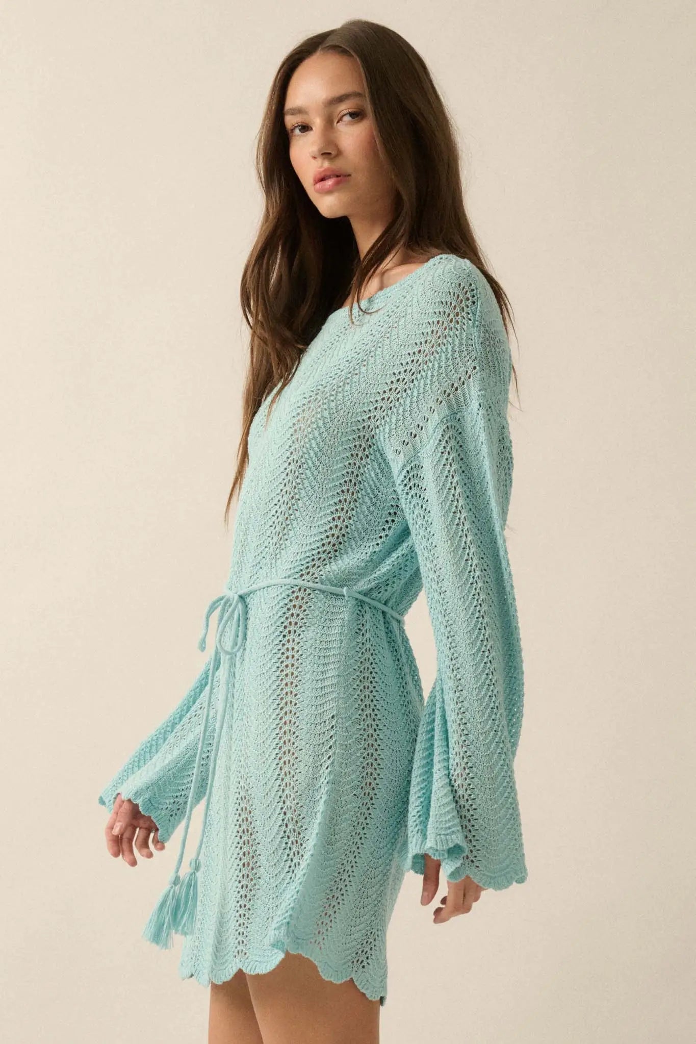 Feeling Fine Crochet Knit Bell-Sleeve Mini Dress Natural / M Feeling Fine Crochet Knit Bell-Sleeve Mini Dress Natural / M