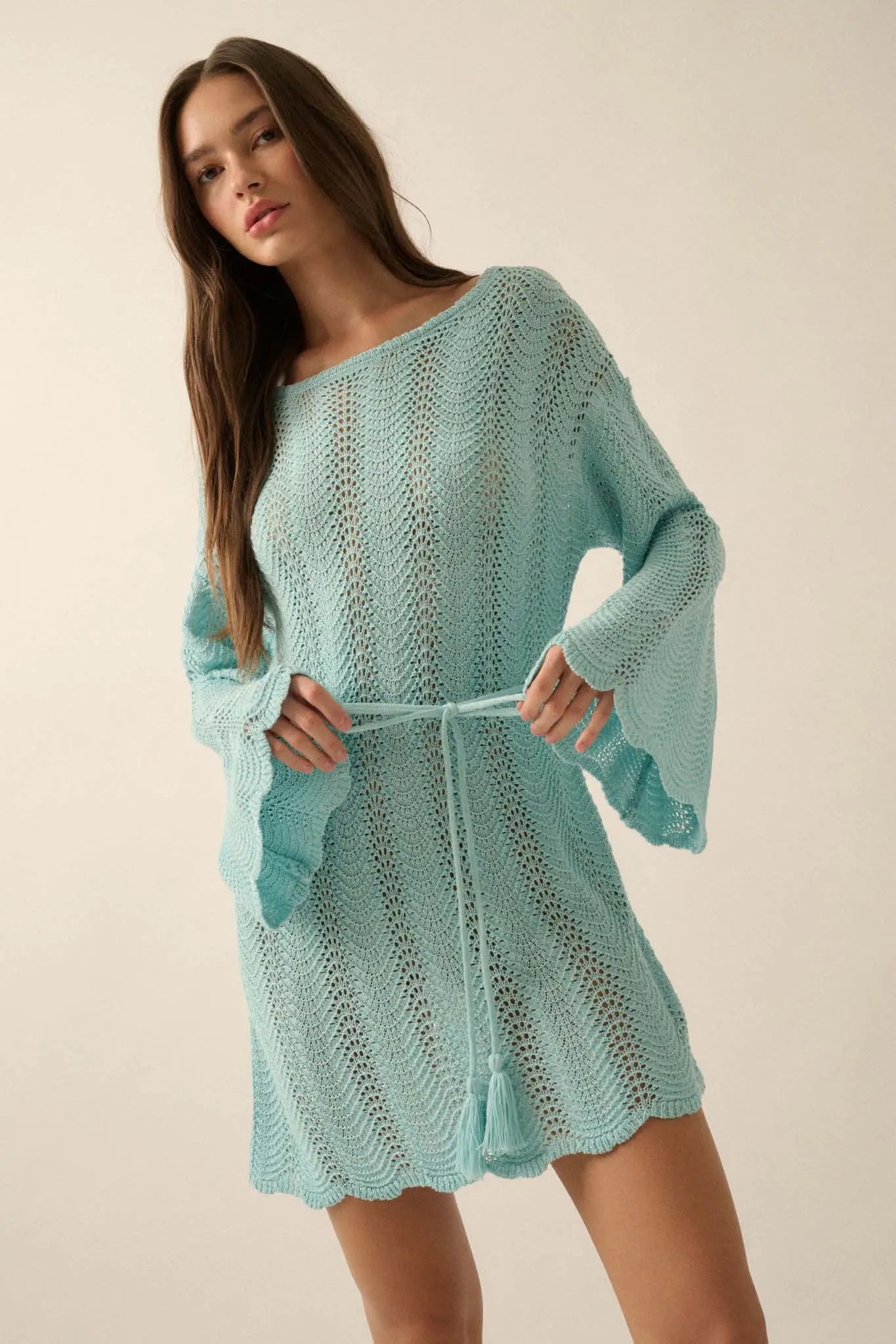 Feeling Fine Crochet Knit Bell-Sleeve Mini Dress Natural / M Feeling Fine Crochet Knit Bell-Sleeve Mini Dress Natural / M