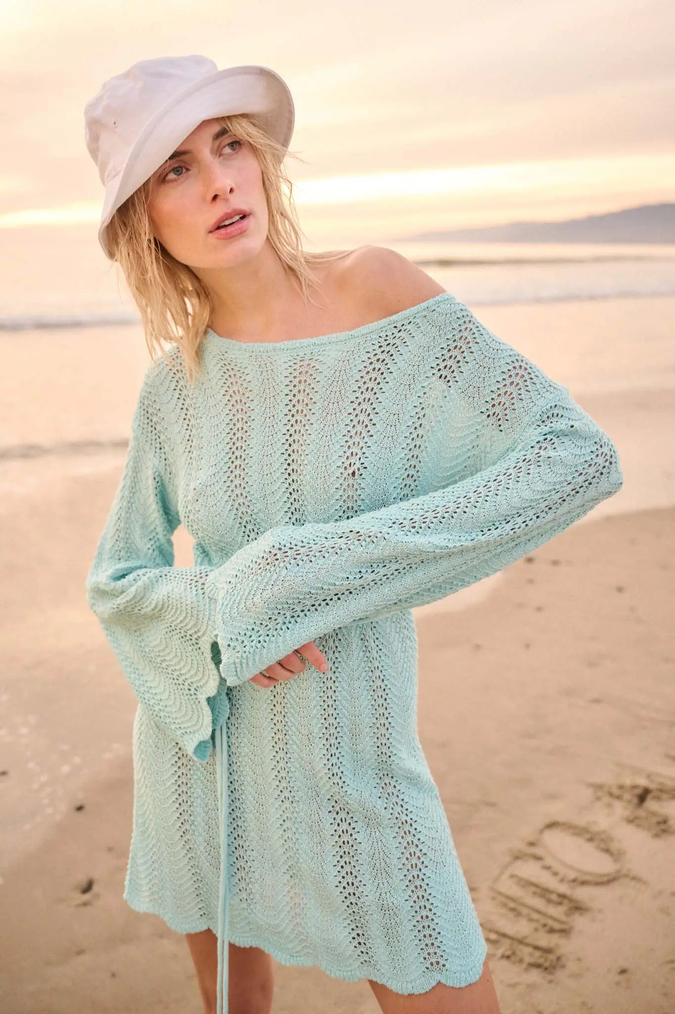 Feeling Fine Crochet Knit Bell-Sleeve Mini Dress Aqua Blue / L