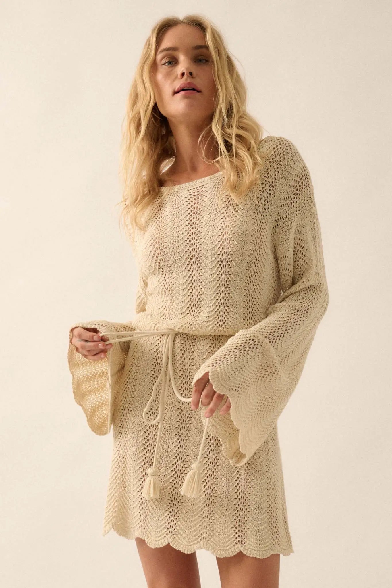 Feeling Fine Crochet Knit Bell-Sleeve Mini Dress, Natural / M