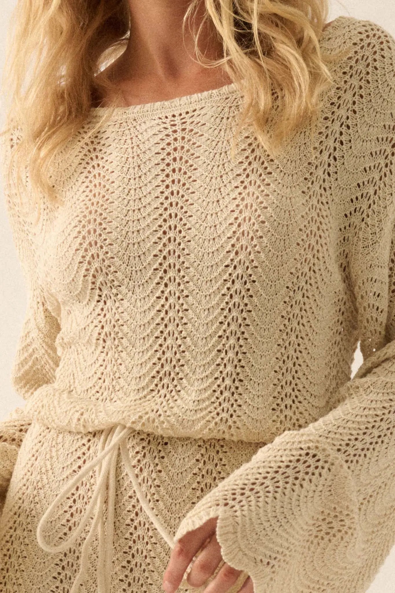 Feeling Fine Crochet Knit Bell-Sleeve Mini Dress Natural / M Feeling Fine Crochet Knit Bell-Sleeve Mini Dress Natural / M