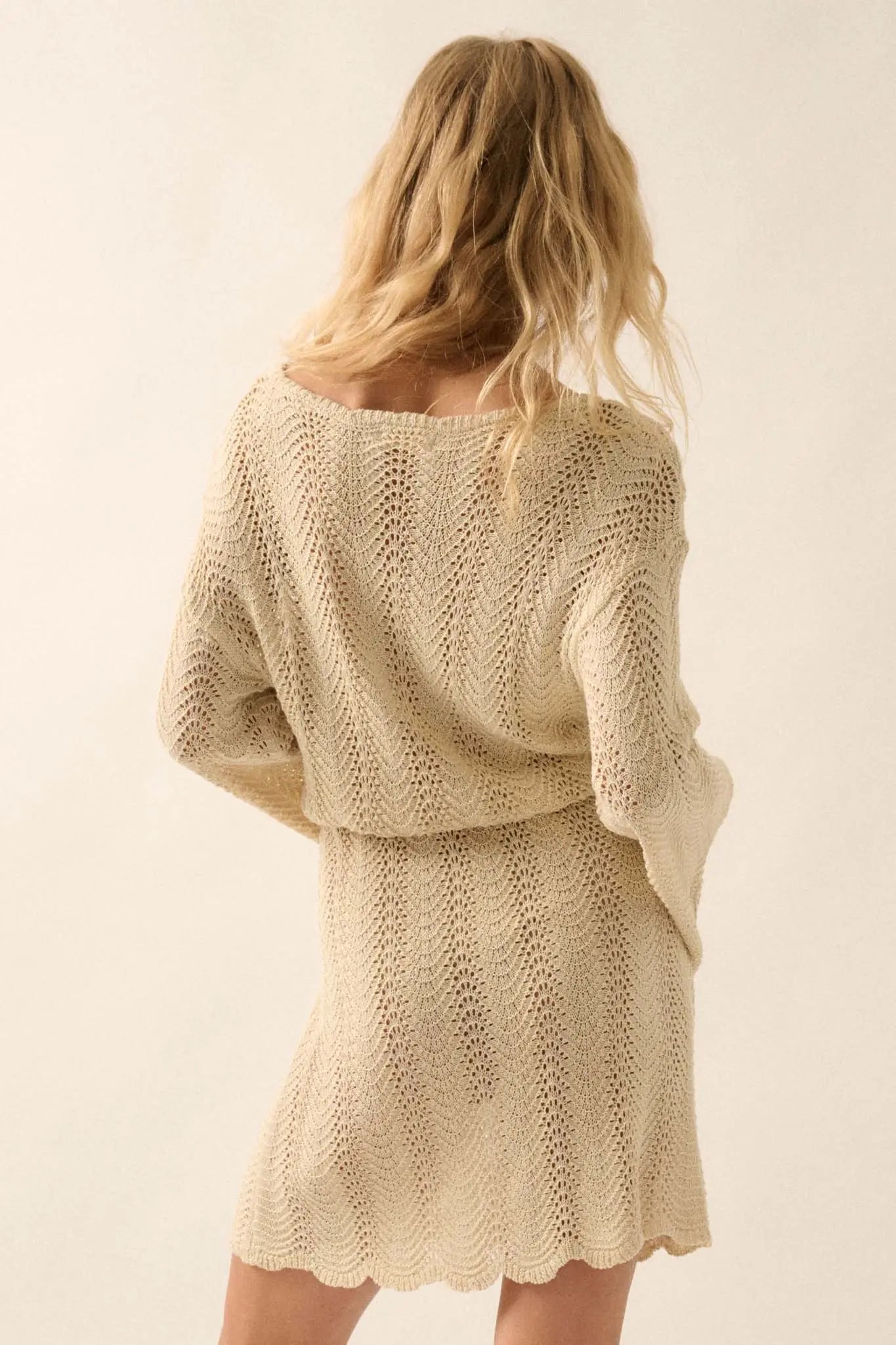 Feeling Fine Crochet Knit Bell-Sleeve Mini Dress Aqua Blue / L
