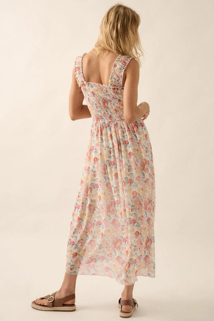 Sunny Day Bouquet Smocked Floral Mesh Maxi Dress - ShopPromesa
