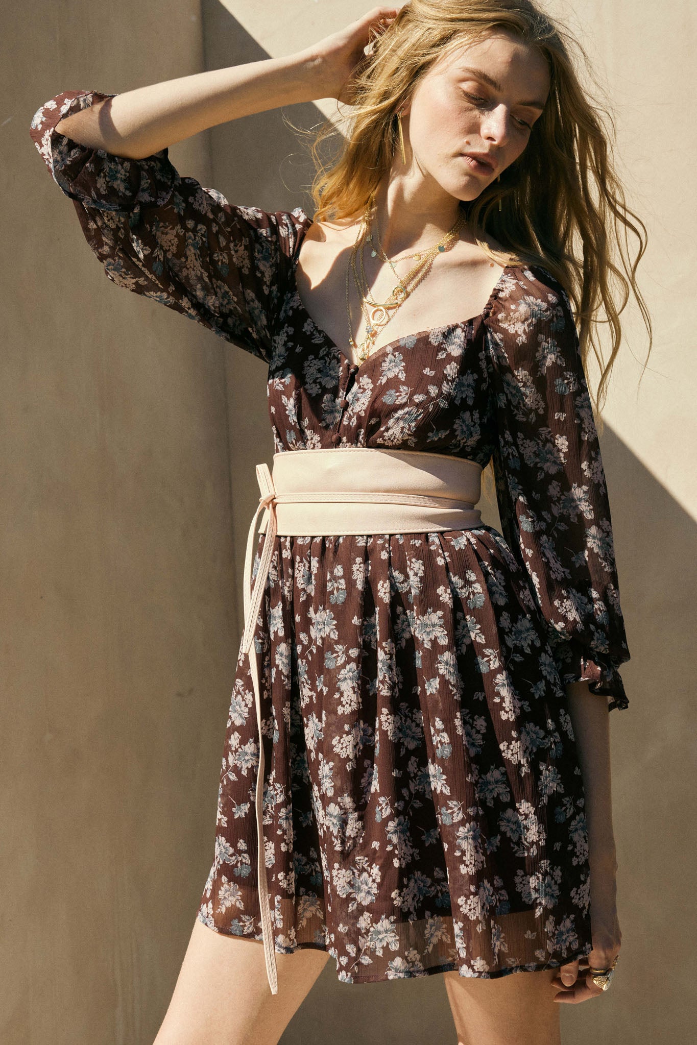 Blooming Fields Floral Chiffon Peasant Mini Dress