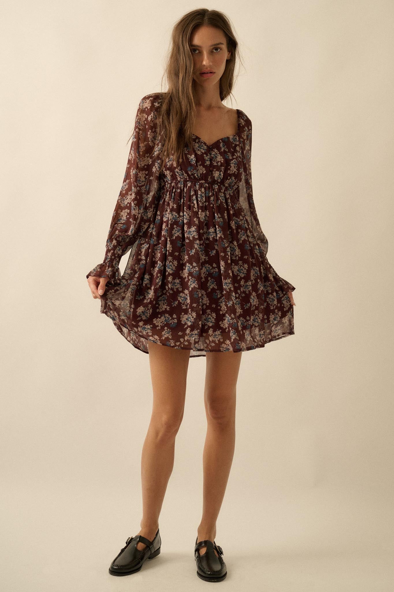 Blooming Fields Floral Chiffon Peasant Mini Dress - ShopPromesa