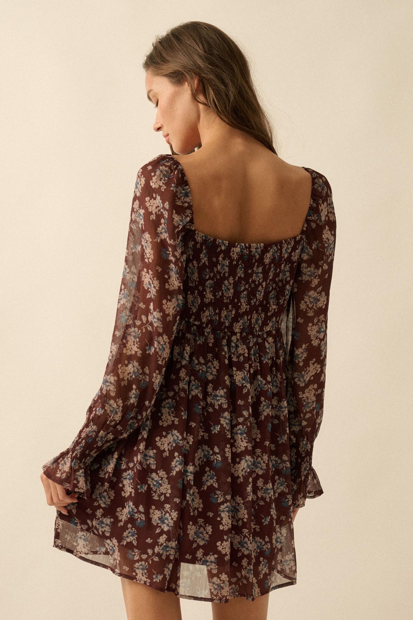 Blooming Fields Floral Chiffon Peasant Mini Dress Black / L Blooming Fields Floral Chiffon Peasant Mini Dress Black / L