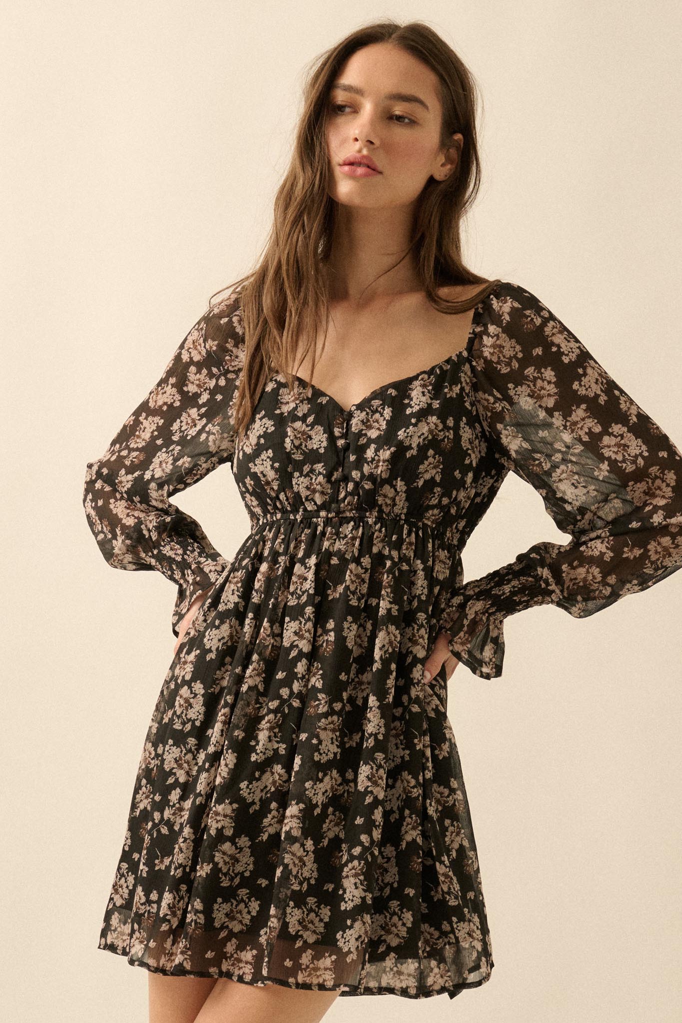 Blooming Fields Floral Chiffon Peasant Mini Dress, Black / S