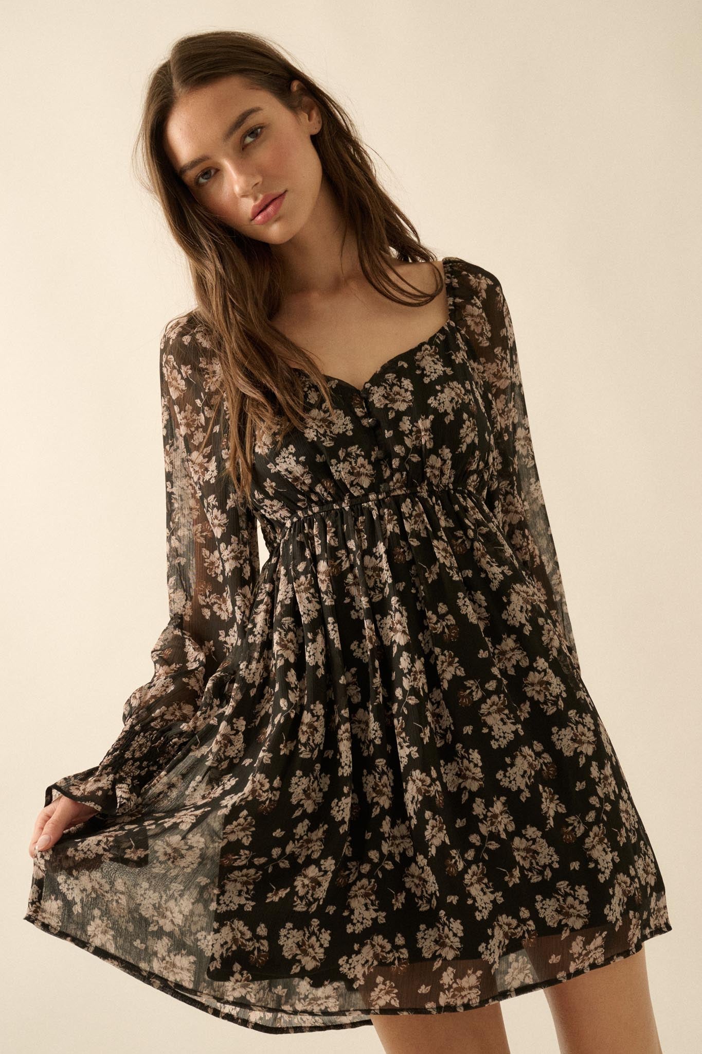 peasant style mini dress Cupshe Dress Leisure VacationBeachwearLong sleeveBlueLong Sleeve Ditsy Floral Peasant Mini Dress, XS