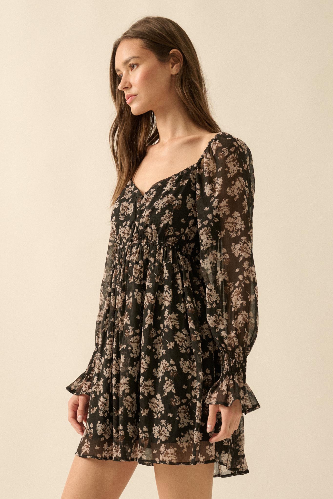 Blooming Fields Floral Chiffon Peasant Mini Dress - ShopPromesa