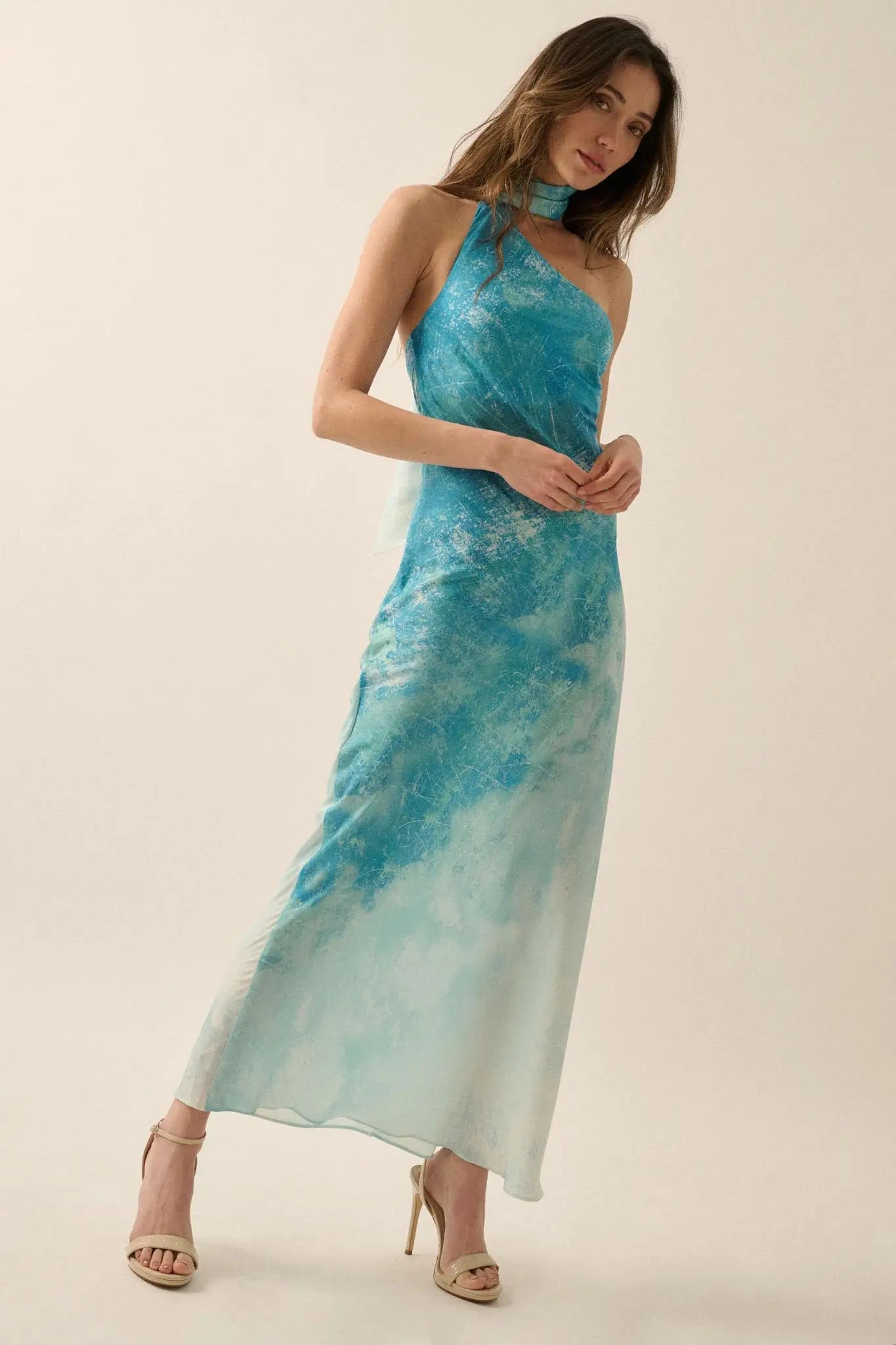 teal satin halter maxi dress TEAL Asymmetrical Halter-Neck Long Satin Dress
