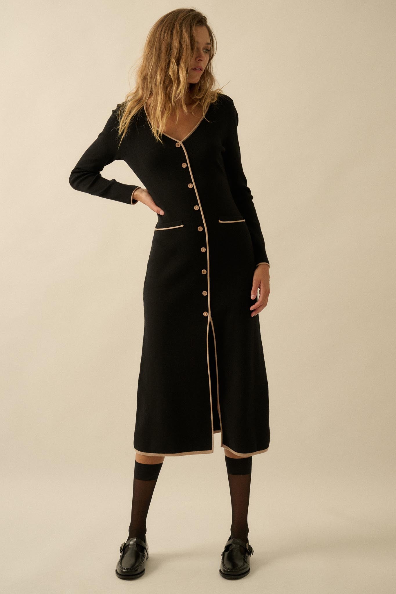 Uptown Girl Button-Detail Rib-Knit Midi Dress - ShopPromesa