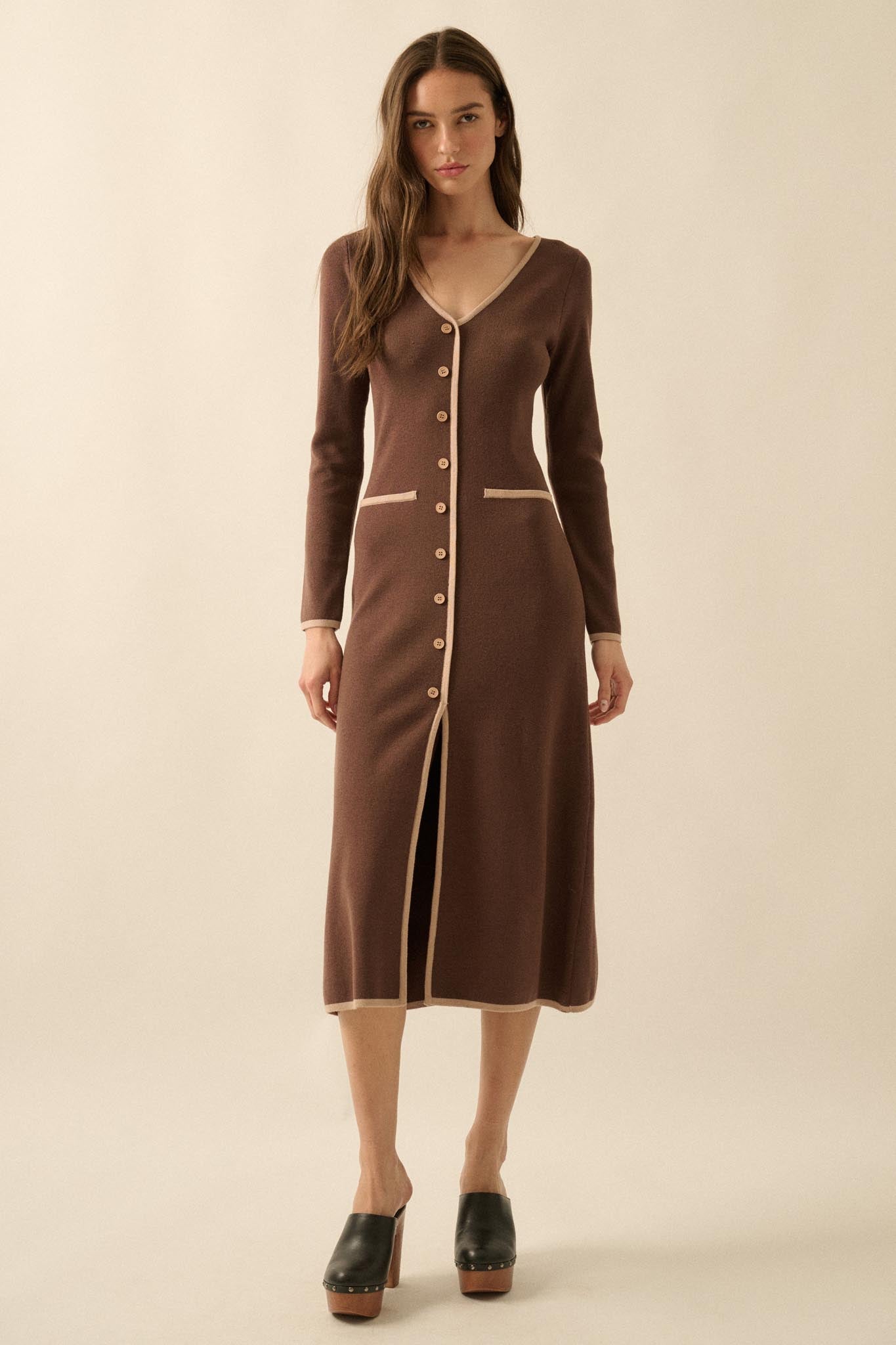 Uptown Girl Button-Detail Rib-Knit Midi Dress - ShopPromesa