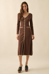 Uptown Girl Button-Detail Rib-Knit Midi Dress - ShopPromesa