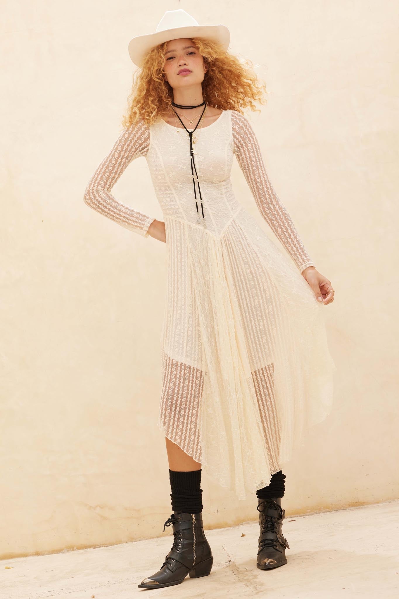 Divine Beauty Paneled Lace Handkerchief Midi Dress Chocolate / M