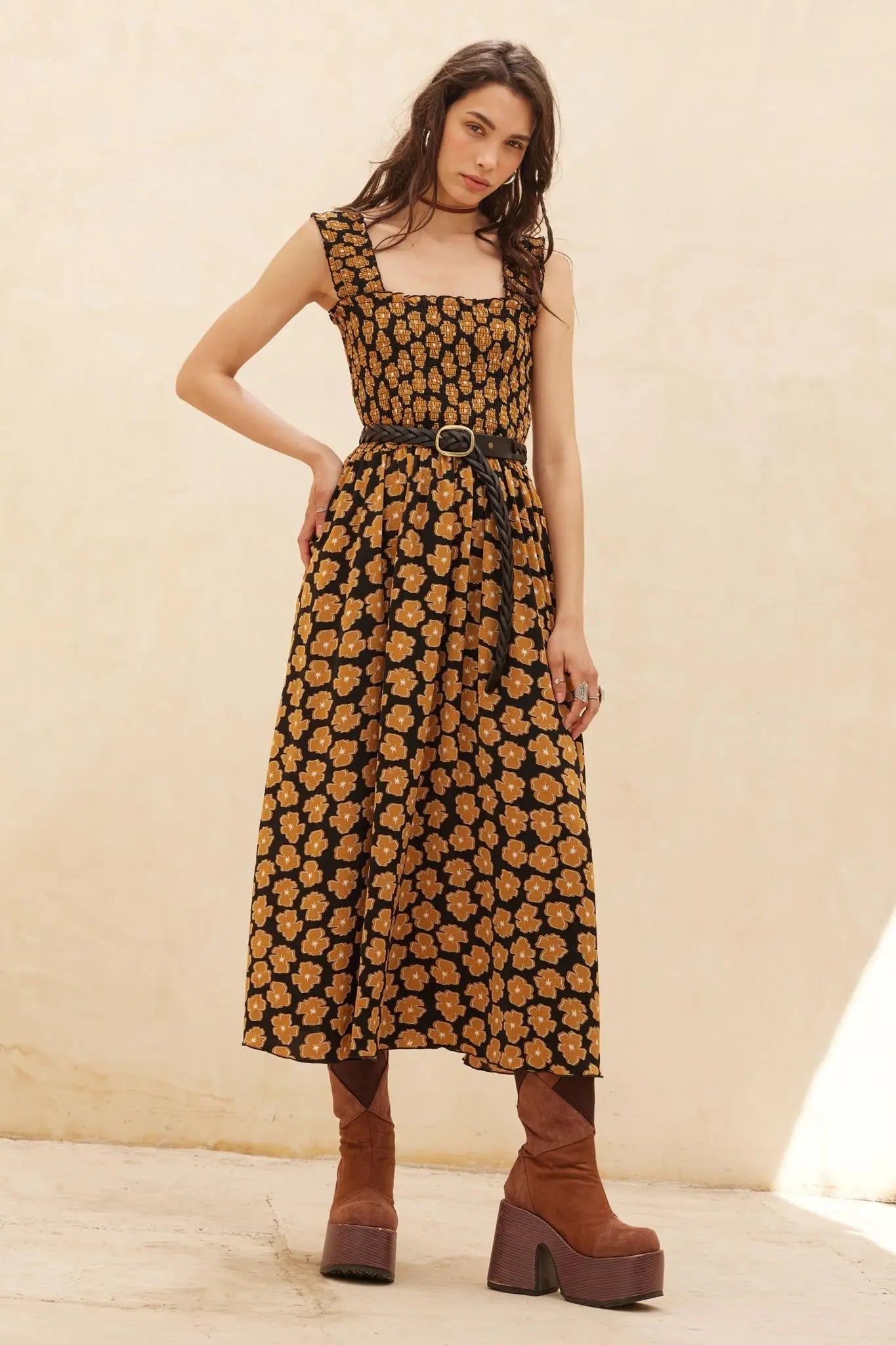 Vintage Blooms Floral Smocked Midi Dress - ShopPromesa